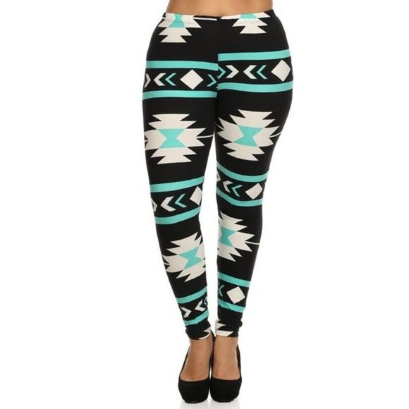 (Plus) Curvy Black White Teal Aztec Pattern Print Leggings - Picture 2 of 4